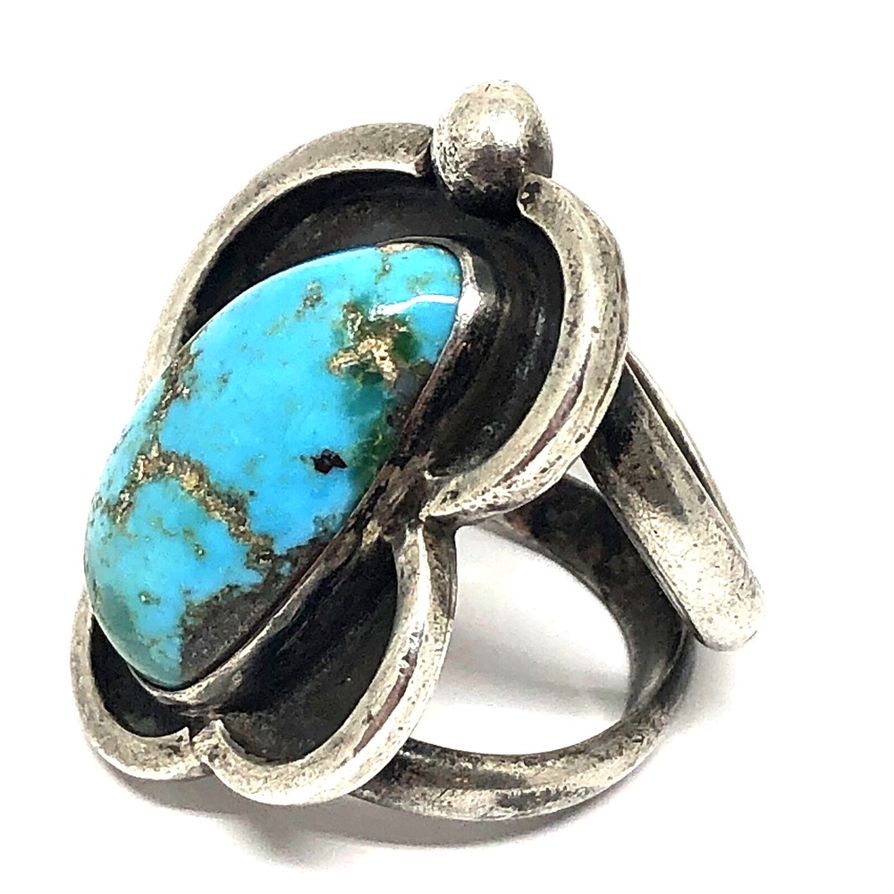 VTG Turquoise Flower Ring Sz 6 Navajo Sterling 14g 60s Mod Different Native Amer
